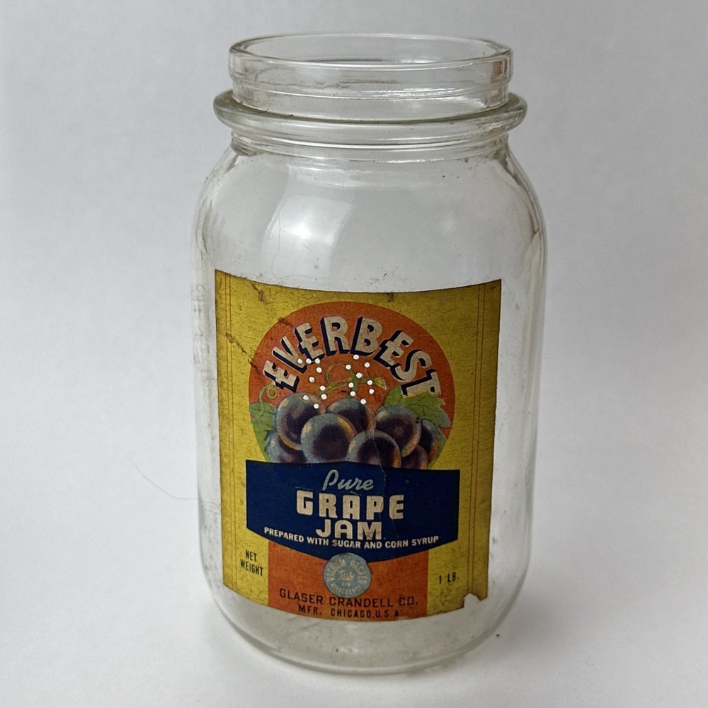 Vintage Everbest Pure Grape Jam Jar Glass 1lb Empty No Lid Glaser Crandell Co